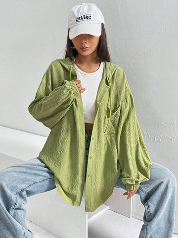 Drop Shoulder Drawstring Hooded Shirt Drop Shoulder Drawstring Hooded Shirt