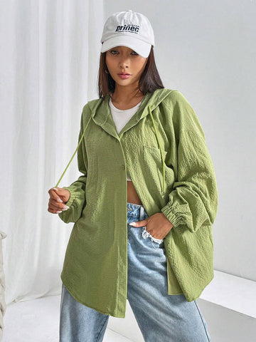 Drop Shoulder Drawstring Hooded Shirt Drop Shoulder Drawstring Hooded Shirt