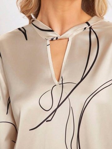 Graphic Print Keyhole Neckline Lantern Sleeve Blouse Graphic Print Keyhole Neckline Lantern Sleeve Blouse