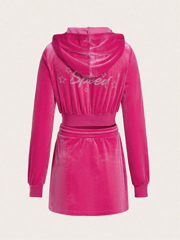 Rhinestone Letter Pattern Velvet Hoodie & Skirt Rhinestone Letter Pattern Velvet Hoodie & Skirt