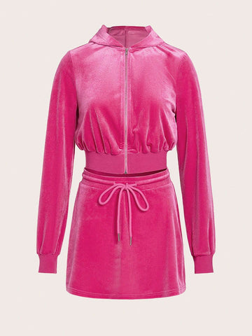 Rhinestone Letter Pattern Velvet Hoodie & Skirt Rhinestone Letter Pattern Velvet Hoodie & Skirt