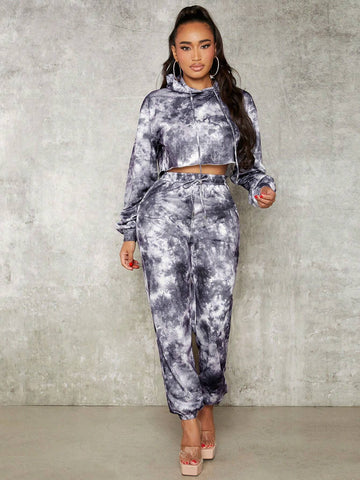 Tie Dye Drop Shoulder Crop Hoodie & Sweatpants Tie Dye Drop Shoulder Crop Hoodie & Sweatpants