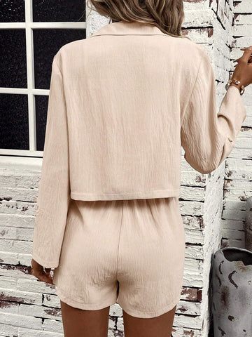 Lapel Neck Button Front Jacket & Paperbag Waist Shorts Lapel Neck Button Front Jacket & Paperbag Waist Shorts