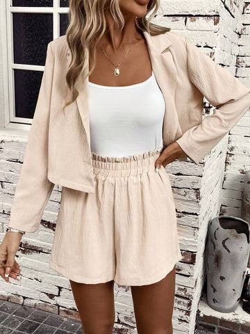 Lapel Neck Button Front Jacket & Paperbag Waist Shorts Lapel Neck Button Front Jacket & Paperbag Waist Shorts