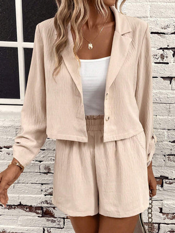 Lapel Neck Button Front Jacket & Paperbag Waist Shorts Lapel Neck Button Front Jacket & Paperbag Waist Shorts