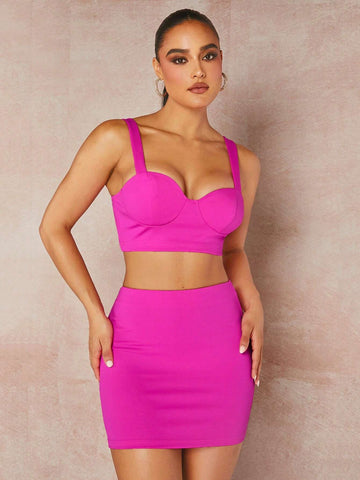 Solid Bustier Crop Cami Top & Bodycon Skirt Without Blazer Solid Bustier Crop Cami Top & Bodycon Skirt Without Blazer