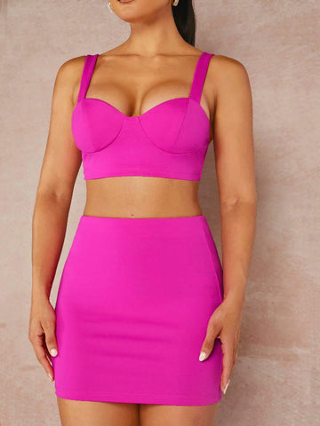 Solid Bustier Crop Cami Top & Bodycon Skirt Without Blazer Solid Bustier Crop Cami Top & Bodycon Skirt Without Blazer