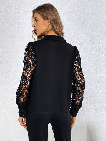 Contrast Lace Lantern Sleeve Shirt Contrast Lace Lantern Sleeve Shirt