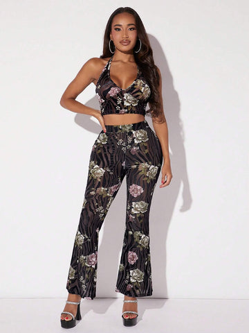 SXY Floral & Zebra Striped Print Flare Leg Pants SXY Floral & Zebra Striped Print Flare Leg Pants