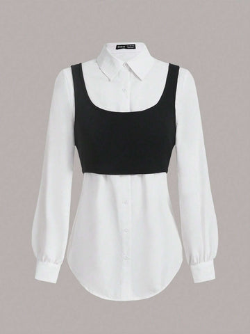 Solid Button Front Shirt With Tank Top Solid Button Front Shirt With Tank Top