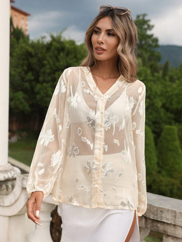 Lantern Sleeve Button Front Sheer Mesh Blouse Without Bra Lantern Sleeve Button Front Sheer Mesh Blouse Without Bra