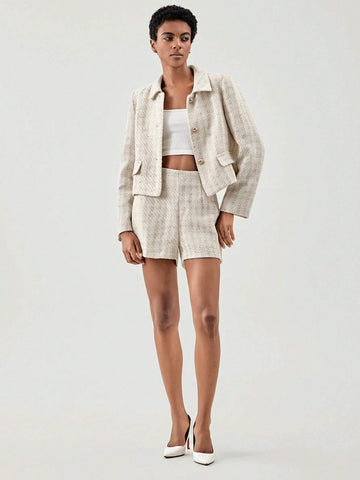 Plaid Print Flap Detail Jacket & Shorts Plaid Print Flap Detail Jacket & Shorts