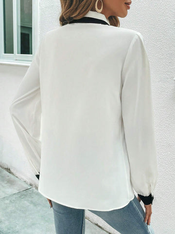 Contrast Binding Tie Neck Lantern Sleeve Blouse Contrast Binding Tie Neck Lantern Sleeve Blouse