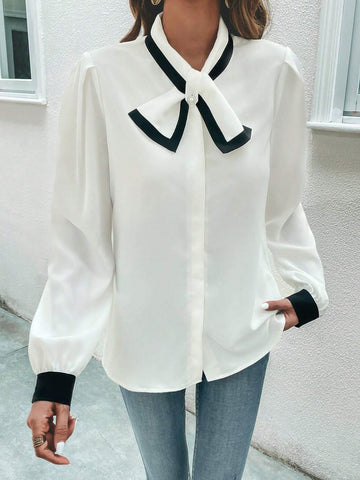 Contrast Binding Tie Neck Lantern Sleeve Blouse Contrast Binding Tie Neck Lantern Sleeve Blouse