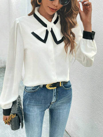 Contrast Binding Tie Neck Lantern Sleeve Blouse Contrast Binding Tie Neck Lantern Sleeve Blouse