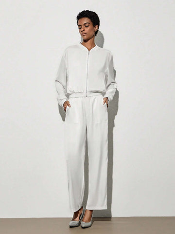 Drop Shoulder Zip Up Jacket & Wide Leg Pants Drop Shoulder Zip Up Jacket & Wide Leg Pants