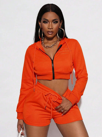 Letter Embroidery Zip Up Drawstring Hoodie & Shorts Letter Embroidery Zip Up Drawstring Hoodie & Shorts
