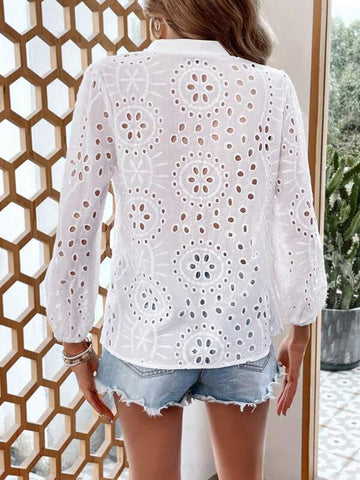 Eyelet Embroidery Button Front Lantern Sleeve Blouse Eyelet Embroidery Button Front Lantern Sleeve Blouse