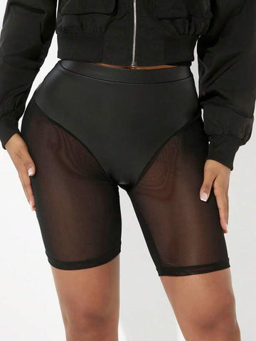 SXY Contrast Mesh PU Leather Shorts SXY Contrast Mesh PU Leather Shorts