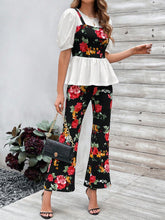 Floral Printed Puff Short Sleeve 2 In 1 Top And Pants Set