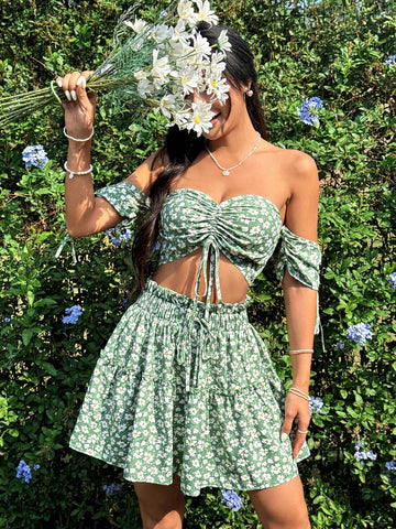 Women's Floral Printed Short Sleeve Off Shoulder Top And Skirt Set With Drawstring Women's Floral Printed Short Sleeve Off Shoulder Top And Skirt Set With Drawstring
