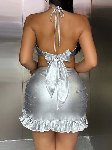 Metallic Tone Backless Halter Top And Ruffle Hem Skirt Set Metallic Tone Backless Halter Top And Ruffle Hem Skirt Set