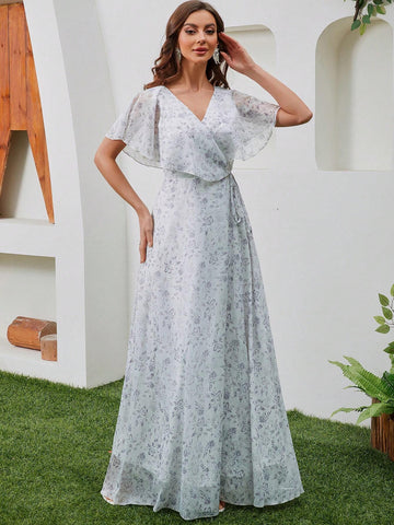 Women's V-Neck Short Sleeve Floral Print Chiffon Dress With Cinching Waist, Perfect For Prom, Evening Party, Bridesmaid Women's V-Neck Short Sleeve Floral Print Chiffon Dress With Cinching Waist, Perfect For Prom, Evening Party, Bridesmaid