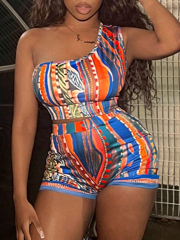 New Arrivals Music Festival Simple Street Sexy Sleeveless One Shoulder Crop Top And Shorts Set Women Two Piece(H) New Arrivals Music Festival Simple Street Sexy Sleeveless One Shoulder Crop Top And Shorts Set Women Two Piece(H)