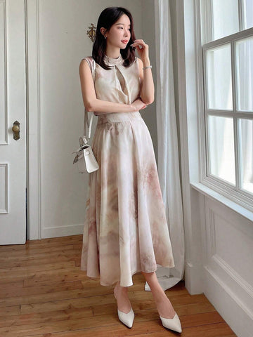 DAZY Women 2-Piece Chiffon Printed Sleeveless Top And A-Line Skirt Set DAZY Women 2-Piece Chiffon Printed Sleeveless Top And A-Line Skirt Set