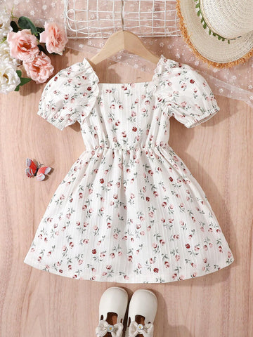 Floral Dress For Young Girls, New Collection, French Design With Square Neckline And Short Sleeves, Gentle Style Floral Dress For Young Girls, New Collection, French Design With Square Neckline And Short Sleeves, Gentle Style