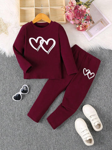 Young Girls' Pink Heart Print Long Sleeve Top And Pants Set Young Girls' Pink Heart Print Long Sleeve Top And Pants Set