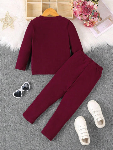 Young Girls' Pink Heart Print Long Sleeve Top And Pants Set Young Girls' Pink Heart Print Long Sleeve Top And Pants Set
