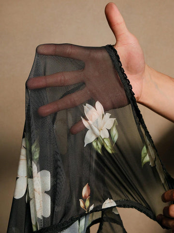 Anewsta European And American Sexy Sheer Mesh Printed Bodysuit Anewsta European And American Sexy Sheer Mesh Printed Bodysuit