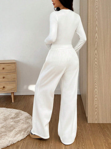 2pcs Women Solid Color Crew Neck Long Sleeve Top And Drawstring Pocket Long Pants Set 2pcs Women Solid Color Crew Neck Long Sleeve Top And Drawstring Pocket Long Pants Set