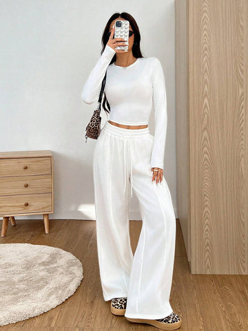 2pcs Women Solid Color Crew Neck Long Sleeve Top And Drawstring Pocket Long Pants Set 2pcs Women Solid Color Crew Neck Long Sleeve Top And Drawstring Pocket Long Pants Set