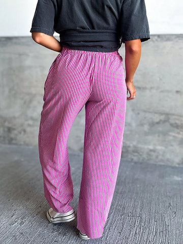 New European And American Style Women Plaid Printed Faux Drawstring Wide Leg Casual Pants, Pink New European And American Style Women Plaid Printed Faux Drawstring Wide Leg Casual Pants, Pink