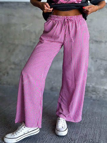 New European And American Style Women Plaid Printed Faux Drawstring Wide Leg Casual Pants, Pink New European And American Style Women Plaid Printed Faux Drawstring Wide Leg Casual Pants, Pink