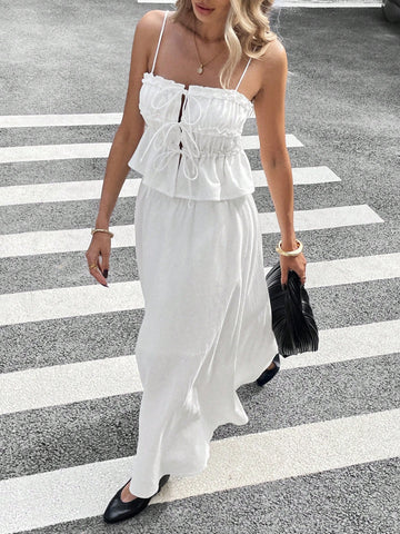 Siren Gaze 2pcs Women Solid Color Ruffle Edge Camisole And Mini Skirt Set Siren Gaze 2pcs Women Solid Color Ruffle Edge Camisole And Mini Skirt Set