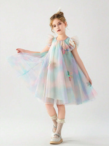 1pc Baby Girls" Sand Art Colored Flying-Sleeve Rainbow Gradient Mesh Princess Dress 1pc Baby Girls" Sand Art Colored Flying-Sleeve Rainbow Gradient Mesh Princess Dress