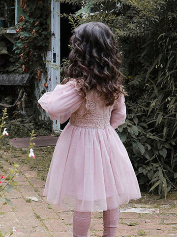 1pc French Court Style Solid Color Chiffon Long Sleeve Lantern Sleeve Princess Dress For Girls, Suitable For Birthday Party Or Children's Day, Spring And Autumn Season 1pc French Court Style Solid Color Chiffon Long Sleeve Lantern Sleeve Princess Dress For Girls, Suitable For Birthday Party Or Children's Day, Spring And Autumn Season