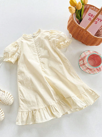 1pc Girls' Bowknot Embroidered Lace Stand Collar Dress, Spring/Summer 1pc Girls' Bowknot Embroidered Lace Stand Collar Dress, Spring/Summer