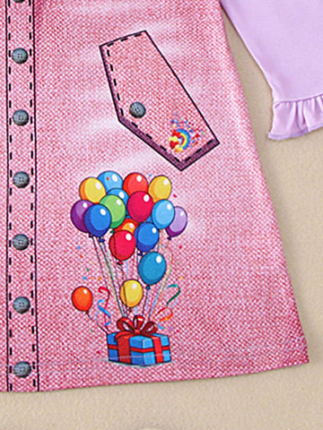 1pc Girls Casual Balloon Print Denim-Like Dress, Autumn 1pc Girls Casual Balloon Print Denim-Like Dress, Autumn