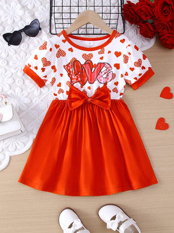 1pc Girls Casual Bow Knot "Love" Letter Heart Printed Short Sleeve Dress, Summer, Valentine's Day 1pc Girls Casual Bow Knot "Love" Letter Heart Printed Short Sleeve Dress, Summer, Valentine's Day