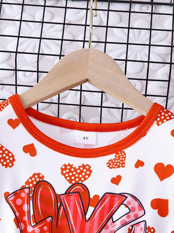 1pc Girls Casual Bow Knot "Love" Letter Heart Printed Short Sleeve Dress, Summer, Valentine's Day 1pc Girls Casual Bow Knot "Love" Letter Heart Printed Short Sleeve Dress, Summer, Valentine's Day