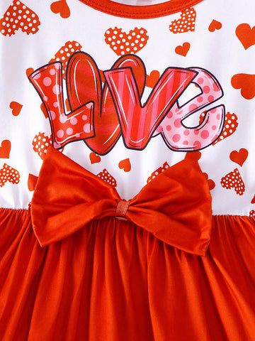 1pc Girls Casual Bow Knot "Love" Letter Heart Printed Short Sleeve Dress, Summer, Valentine's Day 1pc Girls Casual Bow Knot "Love" Letter Heart Printed Short Sleeve Dress, Summer, Valentine's Day