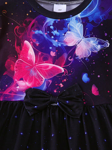 1pc Girls Casual Butterfly Print Pattern Long Sleeve Dress, Autumn 1pc Girls Casual Butterfly Print Pattern Long Sleeve Dress, Autumn