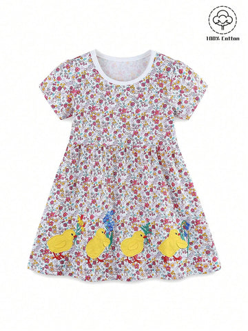 1pc Girls" Casual Cartoon Little Duck Embroidered Patchwork Floral Round Neck Short Sleeve Dress For Summer 1pc Girls" Casual Cartoon Little Duck Embroidered Patchwork Floral Round Neck Short Sleeve Dress For Summer