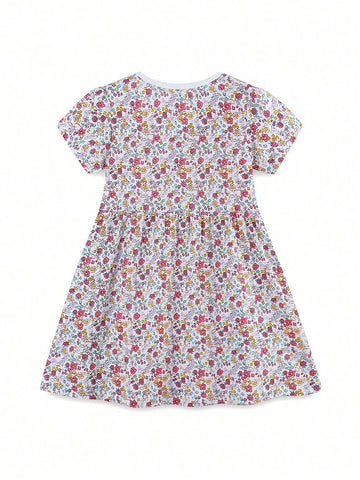 1pc Girls" Casual Cartoon Little Duck Embroidered Patchwork Floral Round Neck Short Sleeve Dress For Summer 1pc Girls" Casual Cartoon Little Duck Embroidered Patchwork Floral Round Neck Short Sleeve Dress For Summer