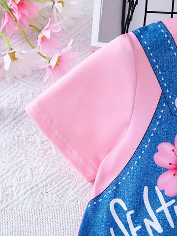 1pc Girls' Casual Cat, Flower & English Letter Print Short Sleeve Denim-Like Dress, Summer 1pc Girls' Casual Cat, Flower & English Letter Print Short Sleeve Denim-Like Dress, Summer