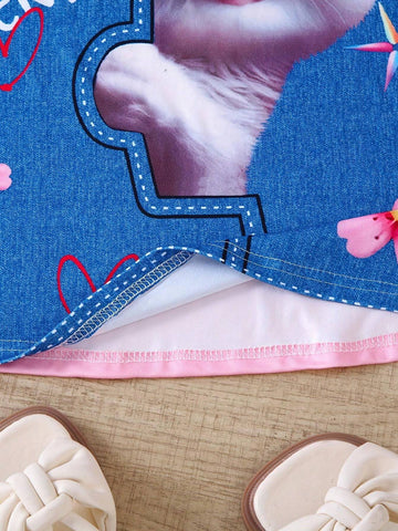 1pc Girls' Casual Cat, Flower & English Letter Print Short Sleeve Denim-Like Dress, Summer 1pc Girls' Casual Cat, Flower & English Letter Print Short Sleeve Denim-Like Dress, Summer